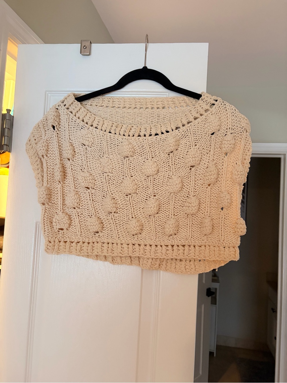 Cream Crochet Pom-Pom Crop Sweater